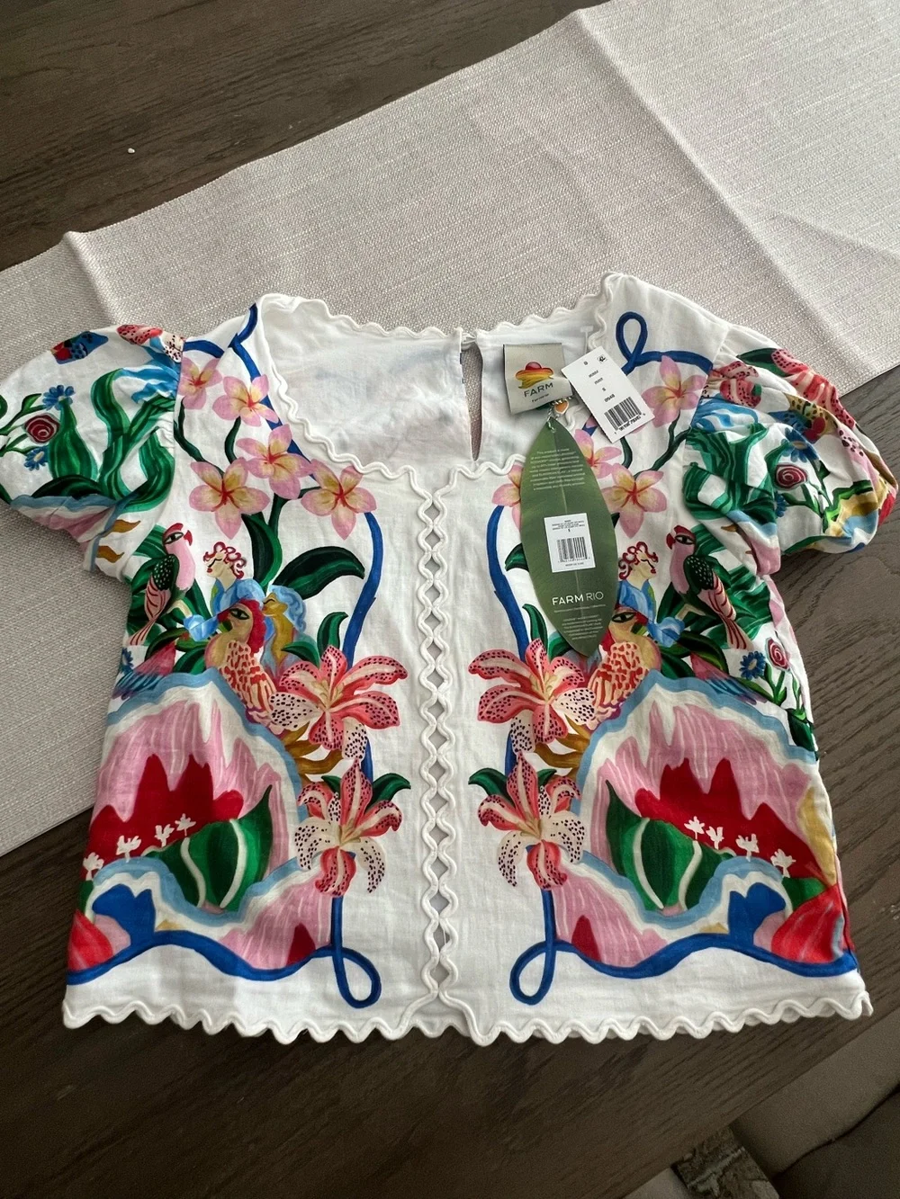 NWT Farm Rio Garden of Life Scalloped Linen Blend Blouse Size S